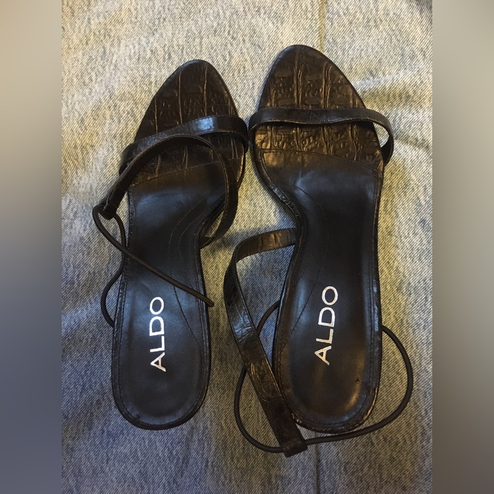 Elegant Black Classic Leather High Heel Straps Aldo Evening Dress Up Sandals